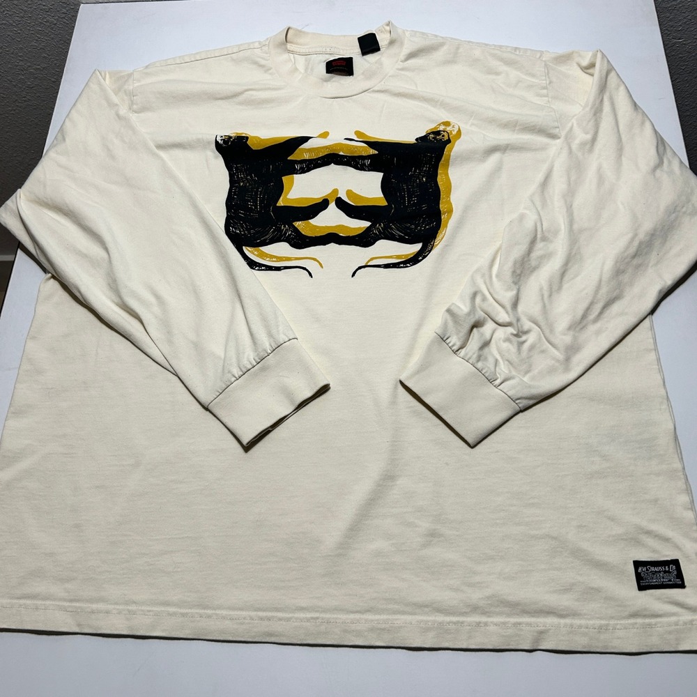 Levis Mens XL Long Sleeve Graphic T-Shirt Off White Cream Two Horse Graphic